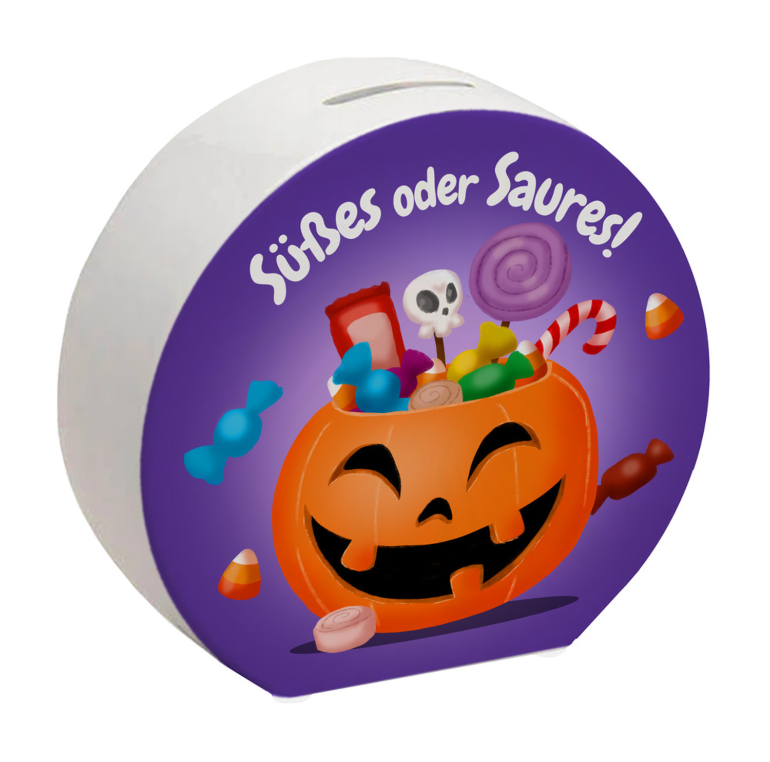 Süßes oder Saures Halloween Spardose mit lustigem Kürbis bei trendaffe.de