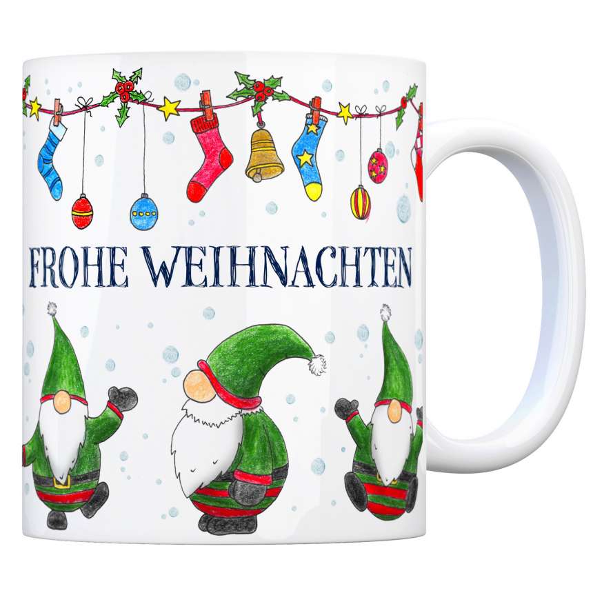 Kaffeebecher mit Wichtel Motiv und Spruch Frohe Weihnachten bei