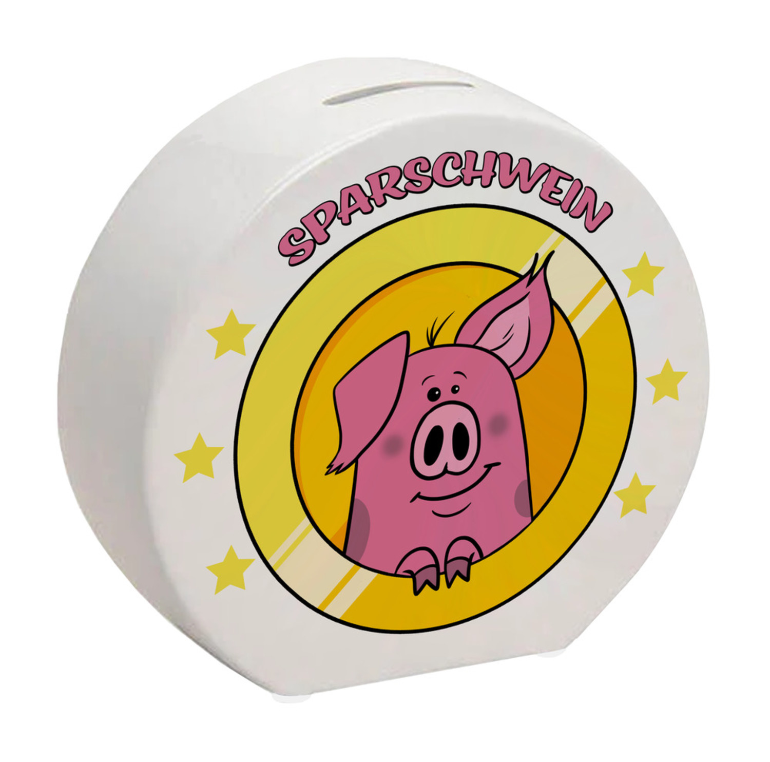 Spardose mit lustigem Schweinchen Motiv und Spruch Sparschwein bei