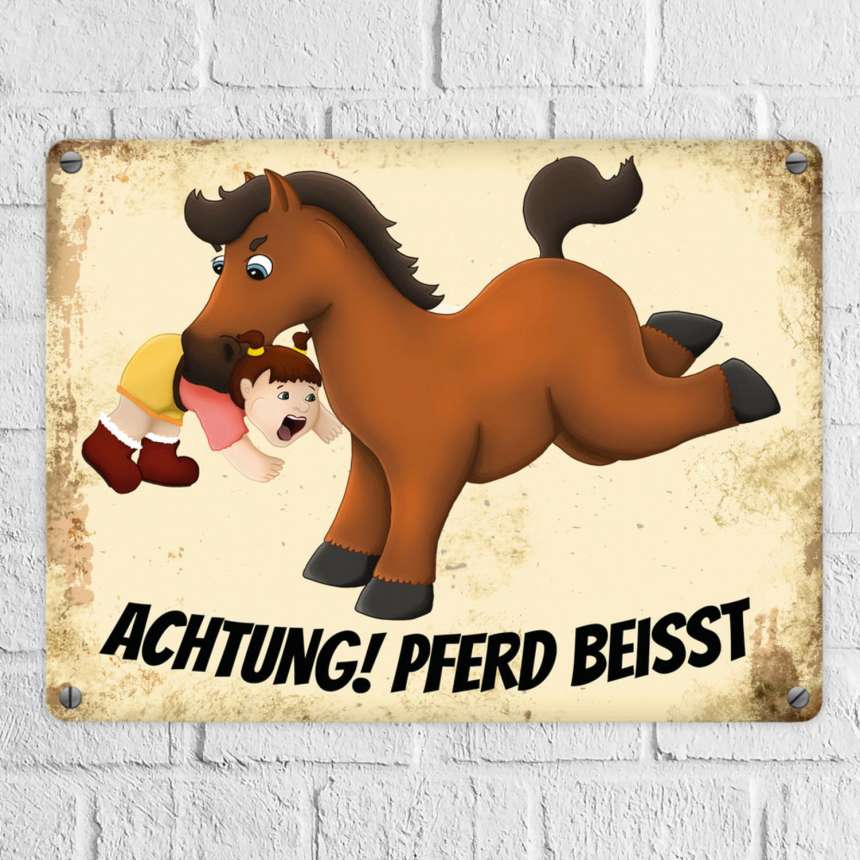 Metallschild mit Pferde Motiv und Spruch: Achtung! Pferd beisst bei