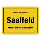 Herzlich willkommen in Saalfeld / Saale, Kreis Saalfeld-Rudolstadt Metallschild