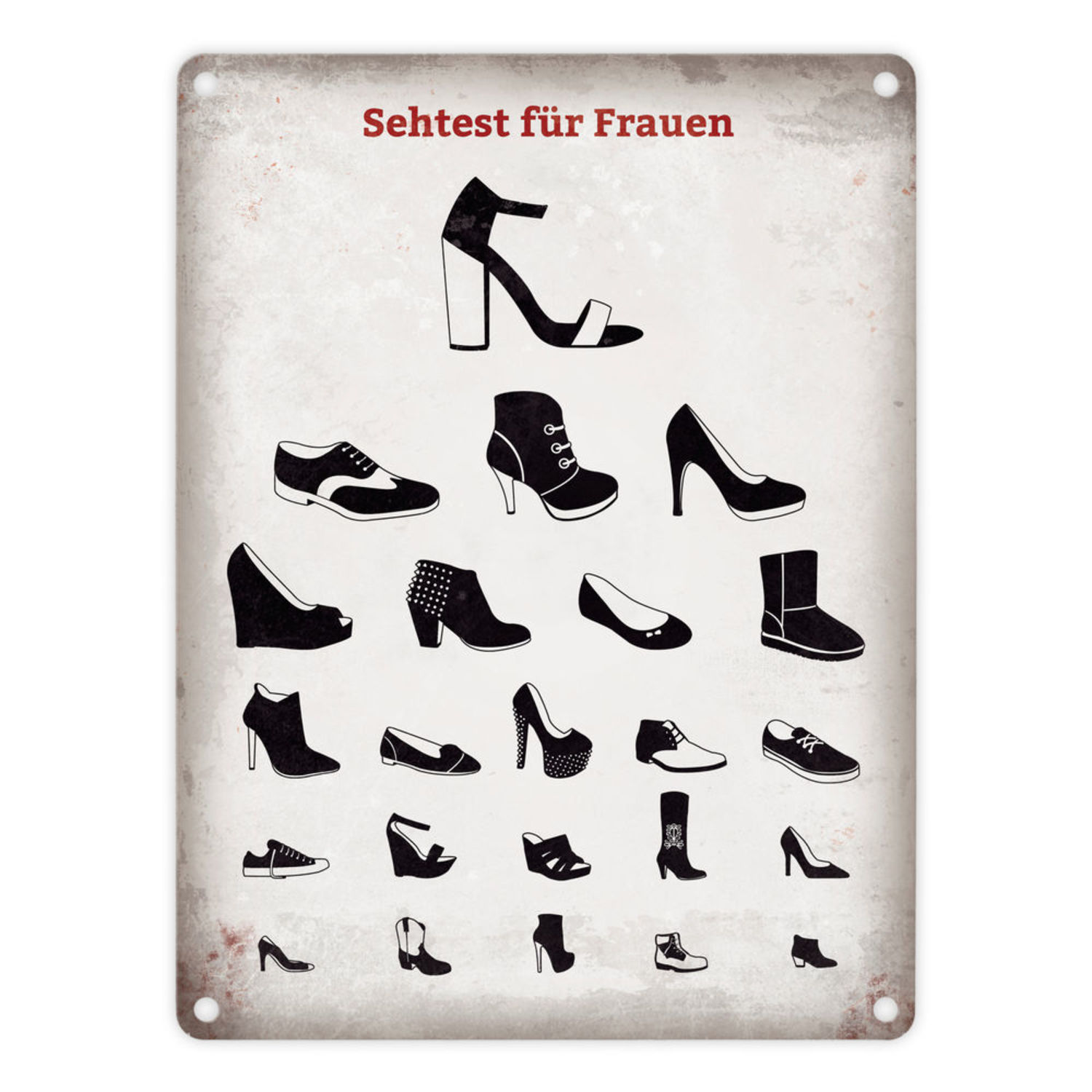 Sehtest für Frauen Blechschild mit verschiedenen Schuhen in 15x20 cm